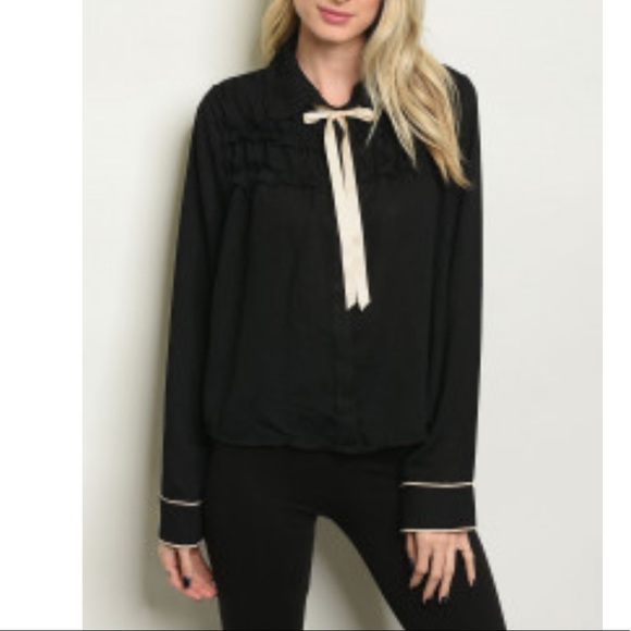 IVORY ROSE black buttondown top with neck tie - Picture 1 of 8